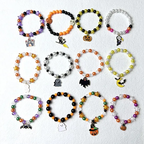 Miniatura 6 de YANCHUN 4 pulseras de Halloween para mujeres y niñas, pulseras elásticas con cuentas de colores, fantasma, calabaza, murciélago, pulsera, regalo