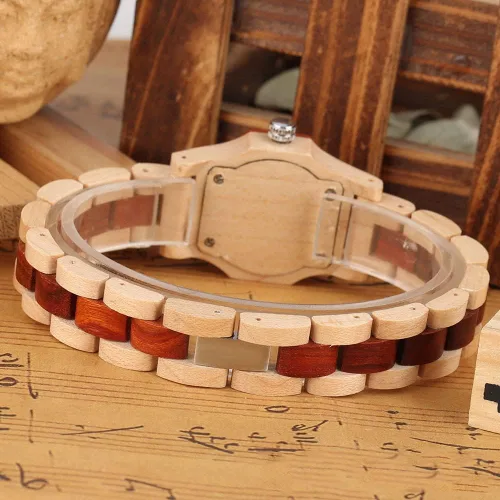 Miniatura 6 de Reloj de madera para mujer con correa de madera de cuarzo, analógico, colorido, relojes de madera de bambú para mujer, BS-WM01-MADERA