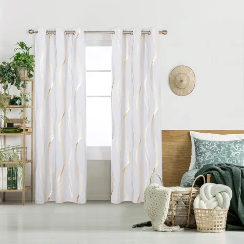 Deconovo - Cortinas opacas con diseño dorado estampado y ojales, ondas/gris plateado claro, de 42 pulgadas de ancho x 84 pulgadas de largo Blanco