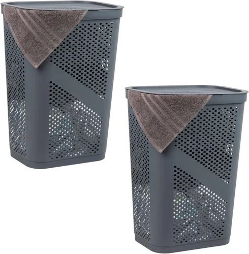 Miniatura 13 de Mind Reader - Canasta de lavandería delgada con tapa, cesta de ropa de 60L, plástico ventilado, color gris