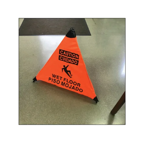 Miniatura 4 de Letrero de suelo mojado de precaución naranja (ENG/SPAN) Handy Cone con tubo de almacenamiento "3-PACK