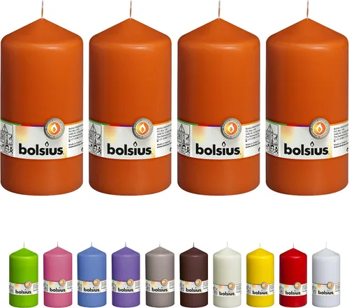 BOLSIUS 4 velas de pilar naranja, 3 x 6 pulgadas, envueltas individualmente, calidad europea premium, 65 horas de combustión, llama suave sin goteo