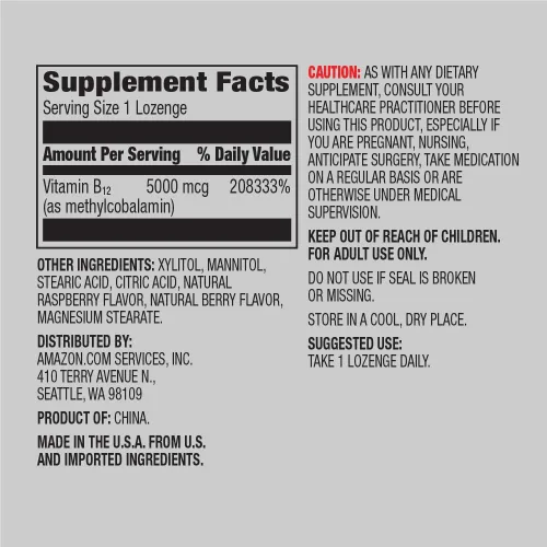Miniatura 3 de Amazon Elements Vitamina B12 Metilcobalamina 5000mcg, 65 pastillas con sabor a bayas, suministro de 2 meses y vitamina D3, 5000 UI, 180 cápsulas
