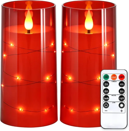 NURADA Velas parpadeantes sin llama: luces de cadena de estrellas integradas que funcionan con pilas, velas LED de pilar con control remoto y Rojo