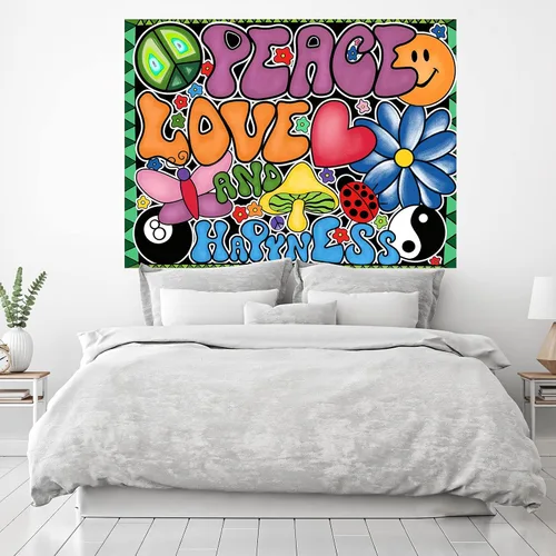 Miniatura 2 de Yanikki Tapiz de pared con signo de paz hippie de 50 x 60 pulgadas, diseño retro de los años 70 para colgar en la pared, decoración bohemia estética