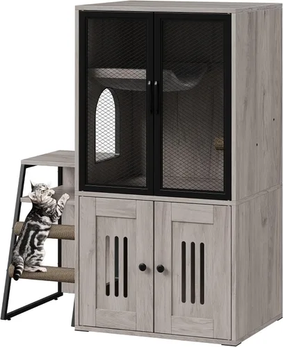 Miniatura 9 de Caja de arena para gatos para 2 gatos y puertas, casa doble para gatos con espacio de almacenamiento, casa de juegos para gatos con hamaca y puerta