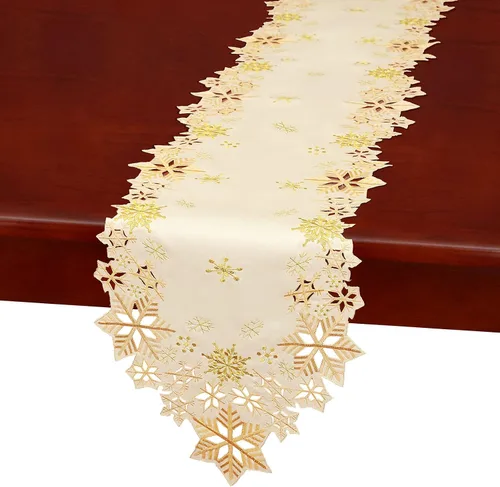 Miniatura 5 de Caminos de mesa bordados con copos de nieve para Navidad e invierno (dorado, 14 x 90 pulgadas)