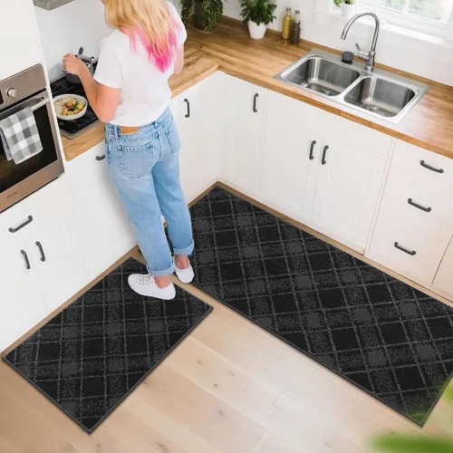 Miniatura 8 de COSY HOMEER Juego de alfombras y tapetes de cocina 2 piezas antideslizantes, suaves alfombras de cocina para piso absorbentes y resistentes a Gris