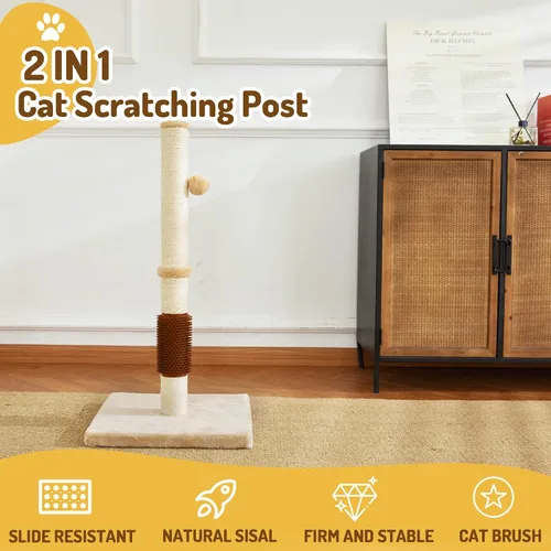 Miniatura 2 de MeowHomm Poste rascador para gatos de 32 pulgadas con cepillo para gatos, cuerda de sisal, poste rascador alto para gatos con bola colgante suave