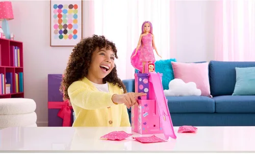 Miniatura 2 de Barbie Muñeca y accesorios Rise & Surprise, serie de cumpleaños para mascotas con 12 sorpresas, incluyendo diapositivas y actividades de cambio