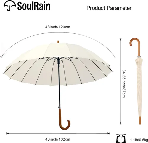 Miniatura 97 de SoulRain Paraguas de palo de 16 varillas de 48 pulgadas, apertura automática, color sólido, moderno y simple, mango de madera clásico de arco