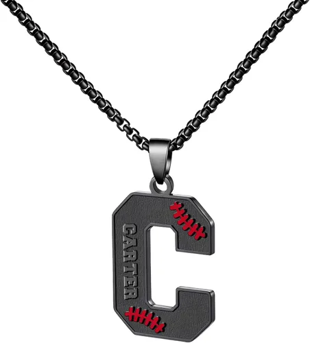 Miniatura 19 de Ldurian Collar personalizado con nombre de béisbol, cadena negra de acero inoxidable, collar con nombre deportivo, letra A-Z de 24 pulgadas, regalos