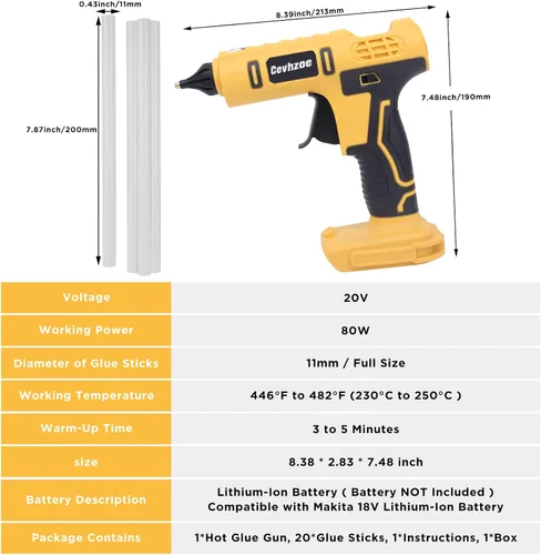 Miniatura 3 de Pistola de pegamento caliente inalámbrica para batería DeWalt de iones de litio de 20 V con 20 barras de pegamento de 0.43 pulgadas y boquilla