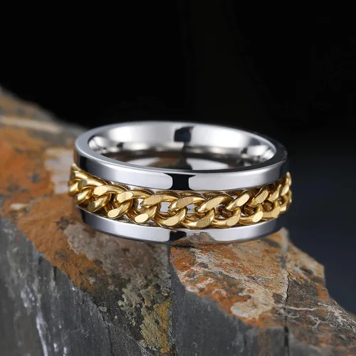 Miniatura 56 de King Will - Anillo antiestrés de acero inoxidable 316L para hombres y mujeres, con cadena decorativa giratoria, 8 mm de ancho, anillo de boda