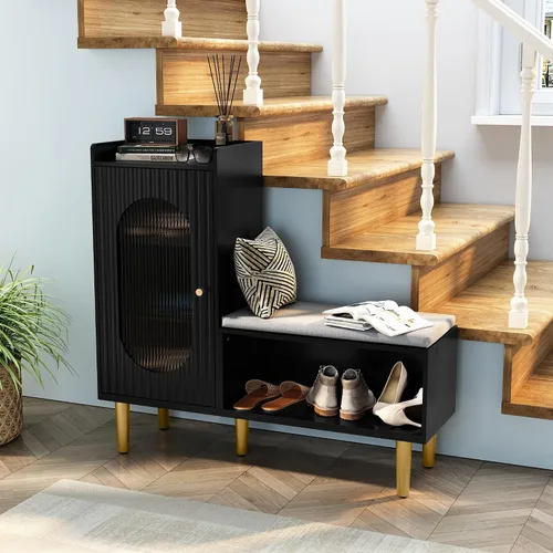 Miniatura 6 de HLR Banco de almacenamiento con puerta y estante de cristal, moderno banco de zapatos de entrada con asiento acolchado, armario de almacenamiento