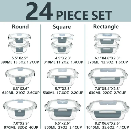 Miniatura 2 de Juego de 12 recipientes de vidrio para almacenamiento de alimentos con tapas de cierre a presión herméticas, recipientes de vidrio borosilicato Gris