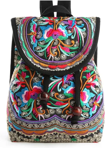 Mochila bordada para mujer, bolso de hombro de diseño vintage, con pequeño cordón ajustable, estilo casual, ideal para viajes, uso diario