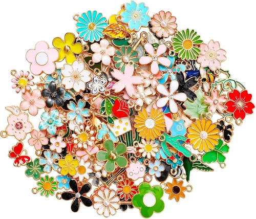 MARFOREVER 120 dijes con temática floral de primavera y verano, dijes de flores para hacer joyas, colgantes de esmalte dorado surtidos para