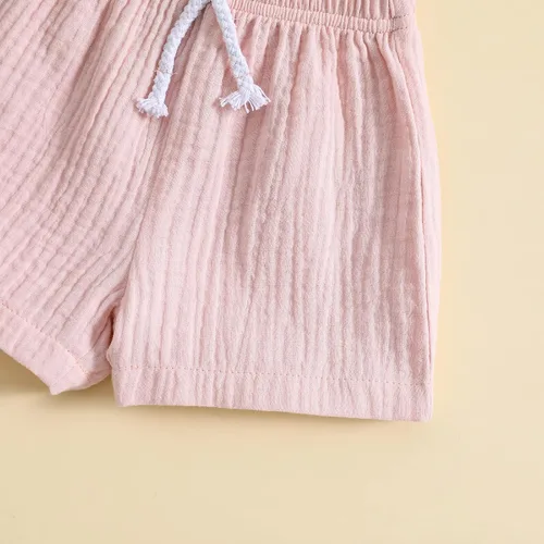 Miniatura 7 de Conjunto de 2 piezas de camiseta de algodón y lino de manga corta y pantalones cortos elásticos, 2 piezas, ropa casual de verano