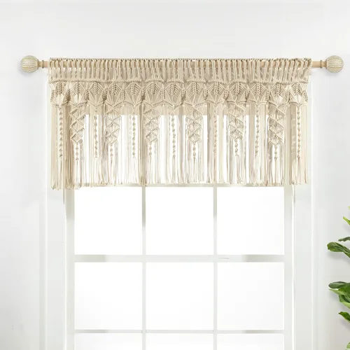Lush Decor Cenefa de algodón texturizado de macramé bohemio, 50 pulgadas de ancho x 20 pulgadas de largo, color neutro, cortinas bohemias de cocina