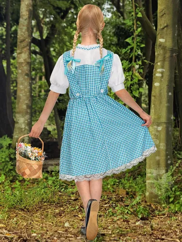 Miniatura 6 de Girls Halloween Clothing Blue Gingham Puff Sleeves Midi Dress Outfit with Hair Bows 5-14 Years