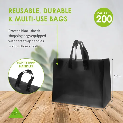 Miniatura 4 de Prime Line Packaging Bolsas de compras de plástico con asas para pequeñas empresas, bolsas negras esmeriladas, mercancía, venta al por menor