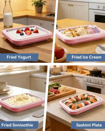 Miniatura 7 de Máquina de helados enrollada, placa manual de acero inoxidable para hacer rollos de helado con 2 raspadores, bandeja de postre congelado casera,