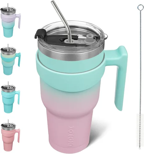 Miniatura 87 de BJPKPK Vaso con asa de acero inoxidable de 20 onzas, con aislamiento de doble pared, con tapa y pajita, color rosa claro A-rosa claro