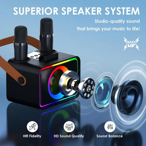 Miniatura 2 de Máquina de karaoke, altavoz Bluetooth portátil con 2 micrófonos inalámbricos para adultos y niños con luces LED, micrófono de karaoke, compatible