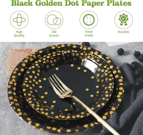 Miniatura 4 de Lullaby 200 piezas de platos de papel negros, plato de papel negro y dorado, 100 piezas de platos de cena de 9", 100 piezas de platos de postre