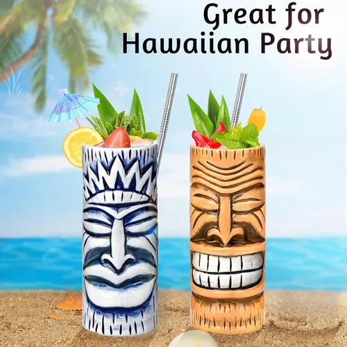 Miniatura 4 de Tiki - Juego de 2 tazas de cerámica hawaianas con pajitas de 15 onzas, hechas a mano, diseño único para fiestas