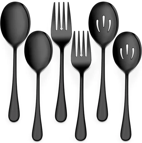 LIANYU Juego de 6 cucharas y tenedores negros para servir, 8 3/4 pulgadas, acero inoxidable, para bufé, catering, fiesta, banquete, servir, tenedor,