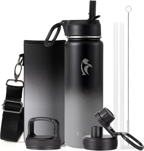 Miniatura 89 de Coolflask Botella de agua de 20 onzas aislada con pajilla, 3 tapas de metal de acero inoxidable, botella de agua de boca ancha para deportes u