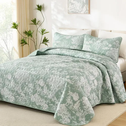 Miniatura 23 de WONGS BEDDING Juego de edredón botánico tamaño Queen, negro, 3 piezas, colcha con estampado floral de plantas Toile, juego de ropa de cama
