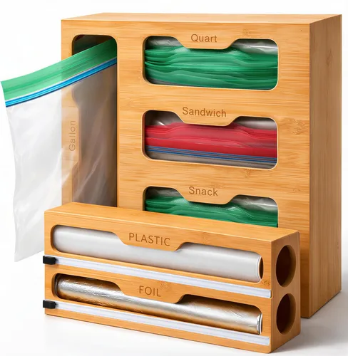 Organizador de bolsas de almacenamiento de cocina de bambú, organizador de cajones con dispensador de aluminio, organizador de bambú para bolsas de