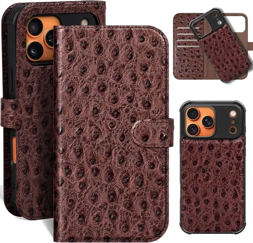 Miniatura 53 de Funda de cuero compatible con iPhone 16 Pro Max Cartera 6.9", cuero genuino 2 en 1, magnética, desmontable, a prueba de golpes, funda tipo folio