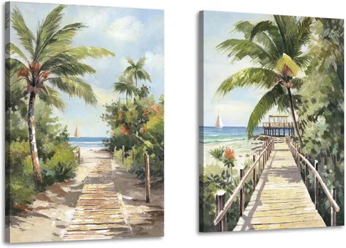 ARTISTIC PATH Arte de Pared en Lienzo de Playa Tropical - 2 Piezas Pintura de Palmeras Imágenes de Paisajes Costeros del Océano Impresiones de la