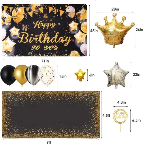 Miniatura 3 de Decoraciones de cumpleaños doradas y negras – Cartel feliz, guirnalda de arco de globos para hombres, mujeres, niñas, dulces 16, 21, 30, 40, 50