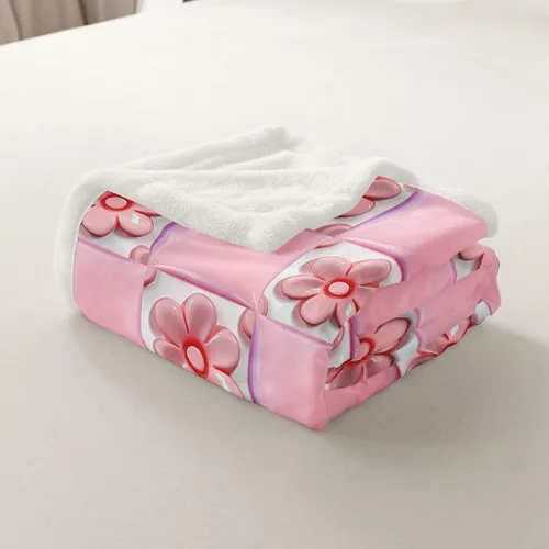 Miniatura 5 de Pink Floral Flannel Blanket,3D Vivid Flower Throw Blanket,Splicing Geometric Girds Fuzzy Blanket for Sofa Bed Living Room Decor,Girls Women Romantic