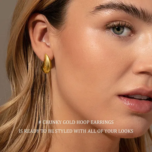 Miniatura 4 de Aretes de lágrima de oro para mujer, aretes de aro gruesos de oro para mujer, a la moda, hipoalergénicos, ligeros, grandes, huecos, abiertos