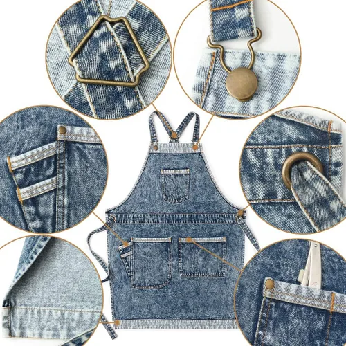 Miniatura 2 de Jeanerlor - Delantales de trabajo de mezclilla con bolsillos para mujeres y hombres, correas cruzadas y ajustables de S a XXXL, Azul mezclilla Azul