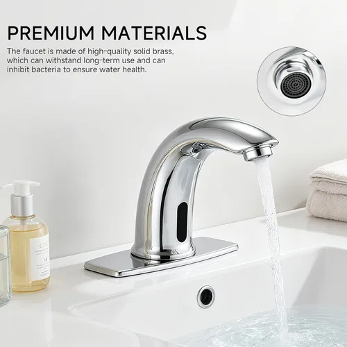 Miniatura 3 de Grifo de lavabo de baño sin contacto, manos libres, sensor de movimiento automático, grifo comercial de latón sólido con placa de cubierta, 1 Grifo