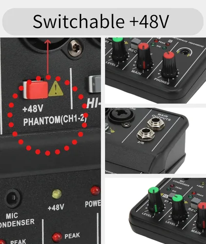 Miniatura 4 de Mini mezclador de audio, 2 canales USB portátil con tarjeta de sonido en vivo, sistema de consola con alimentación fantasma de 48 V, mezclador DJ
