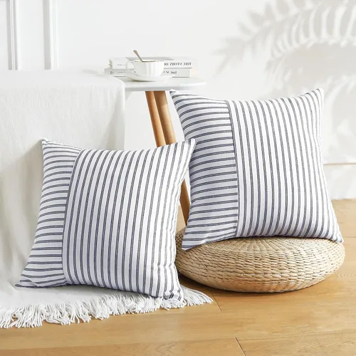 Miniatura 3 de OTOSTAR Paquete de 2 fundas de almohada decorativas con diseño de retazos a rayas de 18 x 18 pulgadas, fundas de cojín cuadradas para sofá, Rayas
