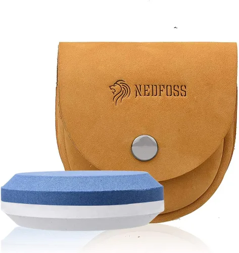 Miniatura 10 de NedFoss - Herramienta para afilar hachas con funda de cuero, piedra afiladora de disco para hachas y herramientas, piedra de afilar de doble grano