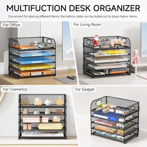 Miniatura 5 de Lavatino Organizador de Archivos de Escritorio de 5 Bandejas, Organizador de Bandejas de Cartas de Malla Negra con Asa, Organizador de Archivos
