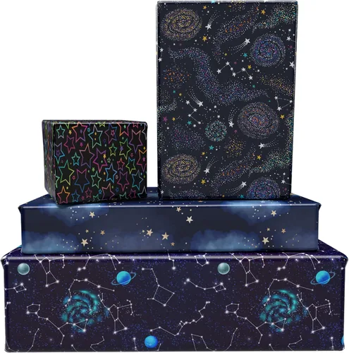 Miniatura 5 de GIOLNIAY Papel de regalo de galaxia para niños y niñas, cumpleaños, baby shower, estrellas de neón, cielo nocturno, galaxia con nebulosa, 8 hojas