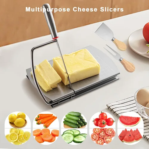 Miniatura 5 de Rebanador de queso con 2 piezas de cuchillo de queso, cortador de queso multiusos de acero inoxidable para queso en bloque con juego de 2 piezas