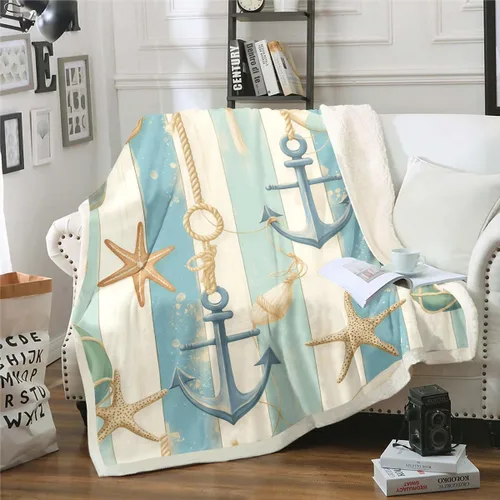 Miniatura 13 de Manta de olas oceánicas para cama, silla, retro, brújula, velero, manta náutica para decoración de dormitorio de niños, manta de vellón marino