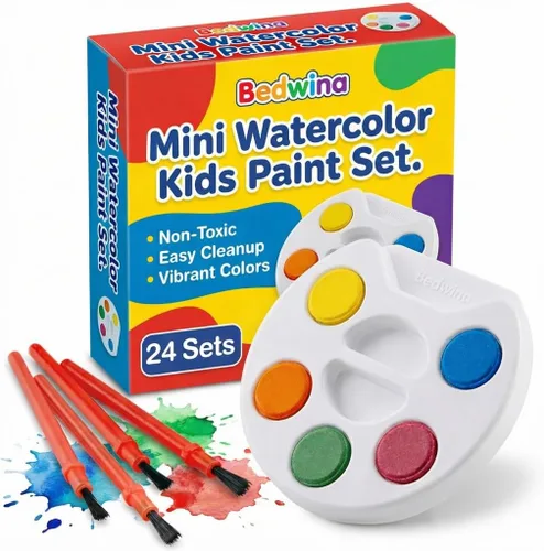 Bedwina - Paquete de 24 juegos de paletas de acuarela de 5 colores lavables y pincel para dar como recuerdos de fiestas, premios para niños,